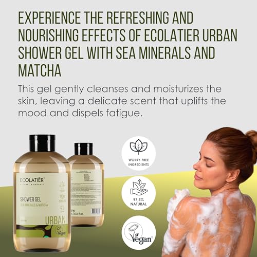 ECOLATIÈR Sea Minerals & Matcha Body Wash - Natural Body Wash for Women & Men, 97.5% Natural Ingredients, Detoxifying & Hydrating Cleanser for Sensitive Skin, Gentle & Nourishing Care, 20.3 Fl Oz