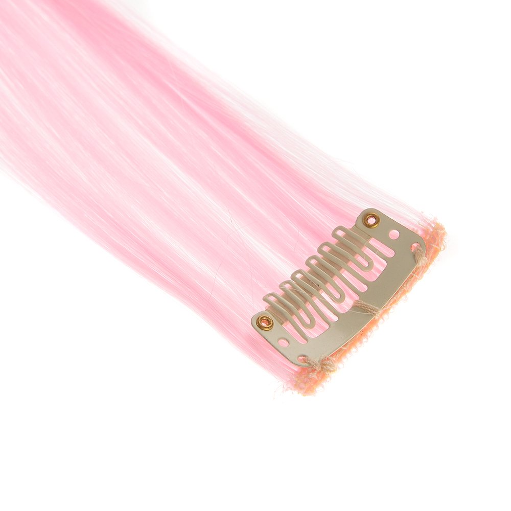 Pink : SWACC 12 Pcs Straight One Color Party Highlights Clip on in Hair Extensions Colored Hair Streak Synthetic Hairpieces (Pink)