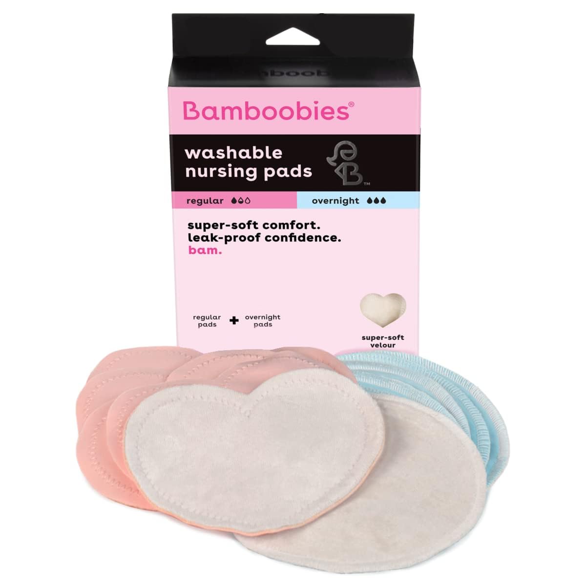Bamboobies Nursing Pads, Ultra-Soft Velour, Reusable, Washable & Leak-Proof, 6 Ultra-Thin and 2 Overnight Pads for Breastfeeding