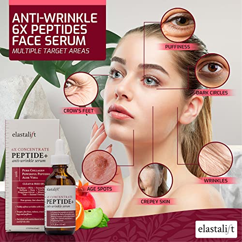 Elastalift Peptide Facial Serum Moisturizer Skin Care Oil For Face, Wrinkles, Fine Lines, & Puffiness. Moisturizing 6X Peptide Concentrate Serum W/Collagen Plumps, Lifts, Evens Skin Tone, 1.75 Fl Oz