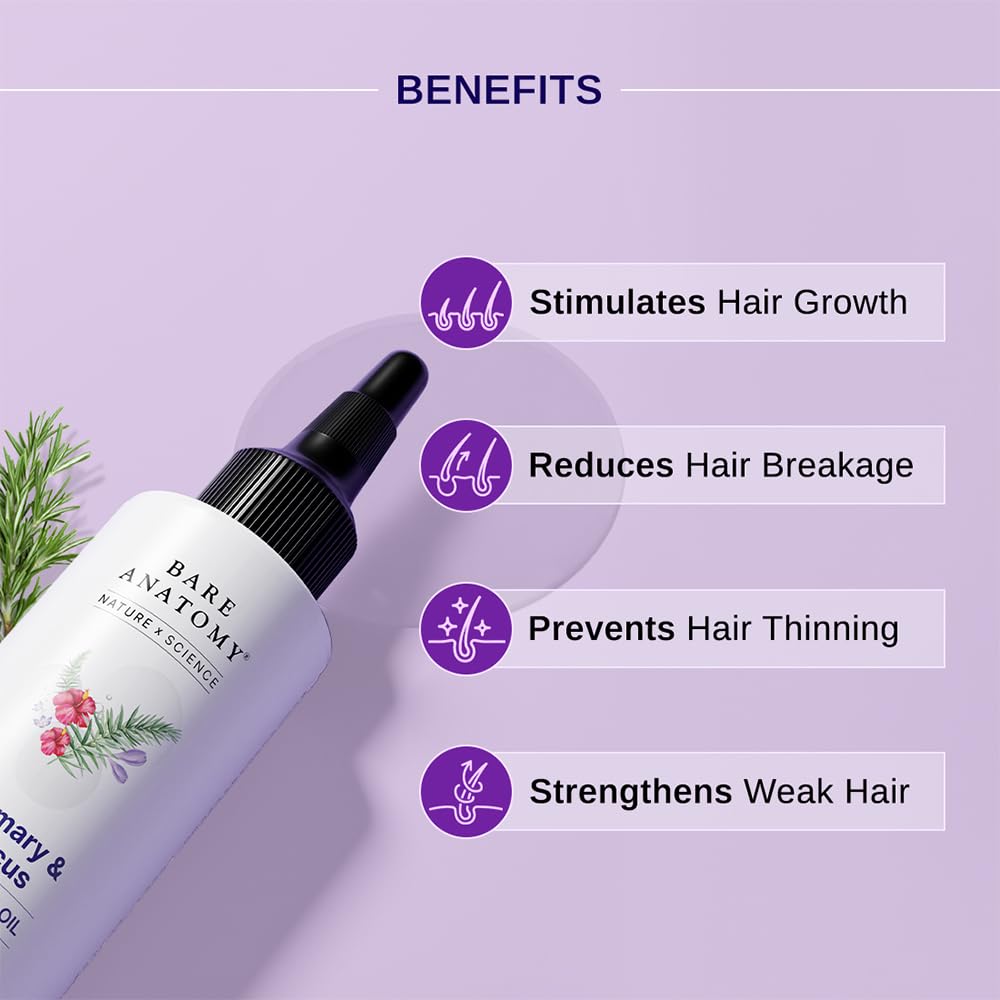 Bare Anatomy Nature x Science Rosemary Hibiscus Hair Growth Oil for Women & Men | Helps Hair Growth & Strengthens Hair | Nourishes Scalp & Controls Hair Fall | Suitable for All Hair Types-100ml