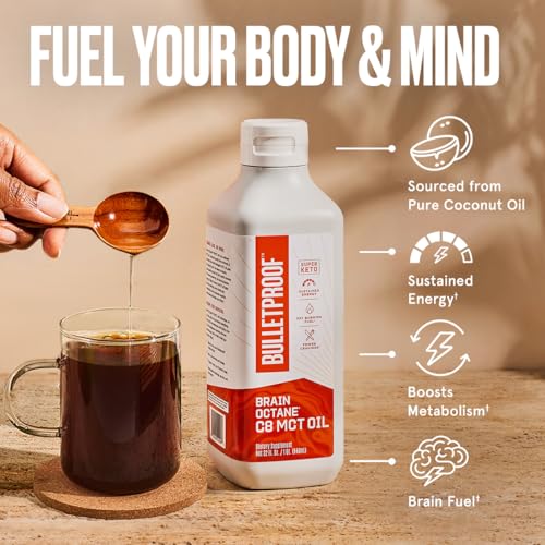 Bulletproof Brain Octane C8 MCT Oil, 32 Ounces, Keto Supplement for Sustained Energy and Fewer Cravings