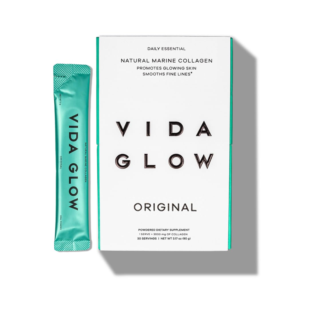 Vida Glow Marine Collagen Powder - Anti Aging Supplement with Collagen Peptides, Promotes Glowing Skin, Strong Nails, Healthy Hair | 30 Servings, Original Flavor