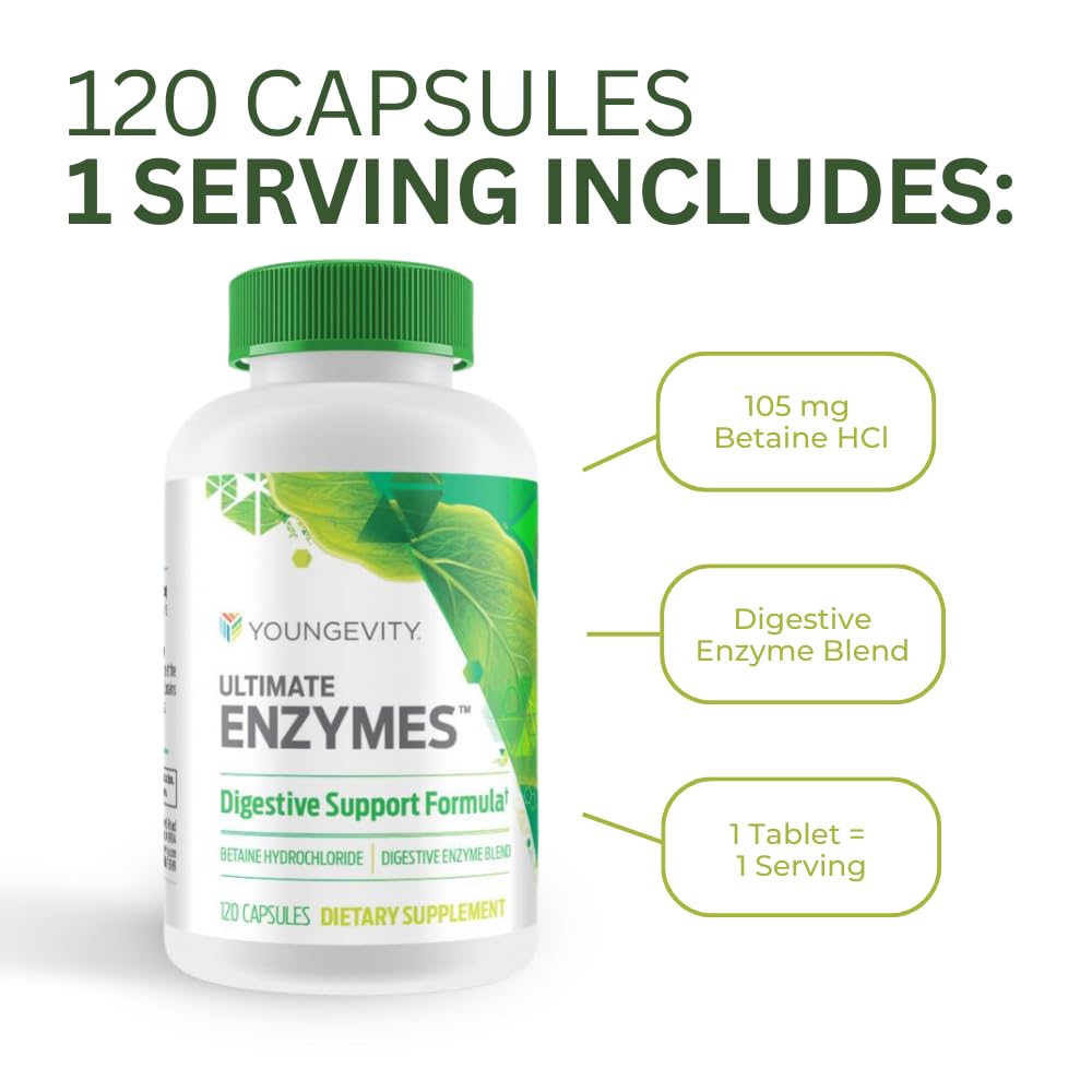 Youngevity Ultimate Enzymes® - Multi Enzymes for Digestion, Gas & Bloating Relief - Betaine HCl, Ox Bile, Pancreatine 10X, Papain 6M, Pepsin 1:3000 (120 Capsules)