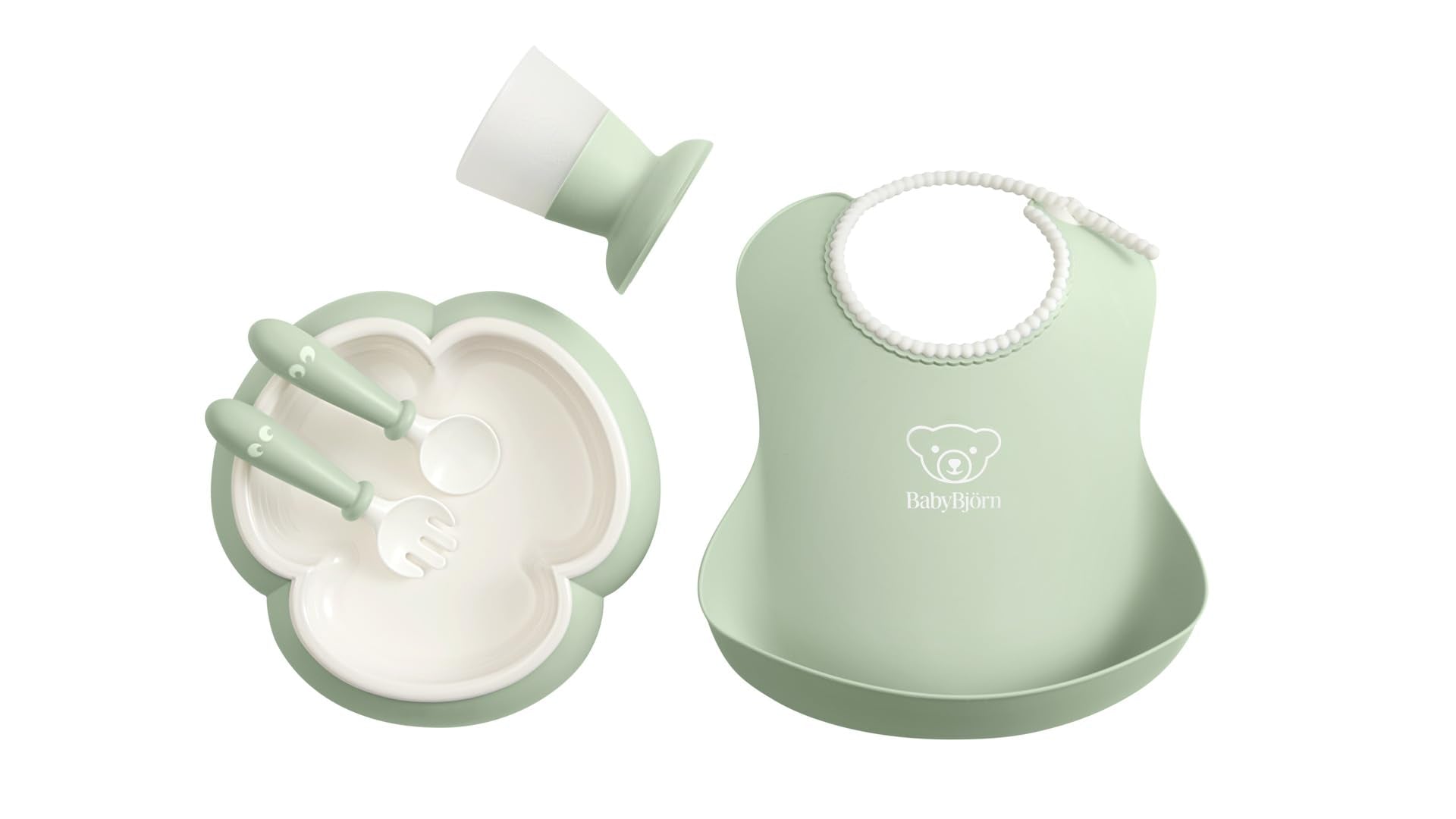 BabyBjörn Baby Dinner Set, 5 pcs, Powder green Includes Baby Plate, Baby Fork, Baby Spoon, and Baby Cup Dishwasher Safe Toddler feeding set for self-feeding or baby-led weaning