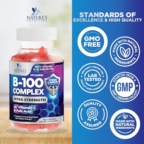 Super B Complex Gummy with Vitamin C & Folic Acid, Extra Strength Vitamin B Gummies Supplement with Niacin, B6, Folic Acid, B12, Biotin, Nature's Energy Immune Support Supplements - 120 Gummies