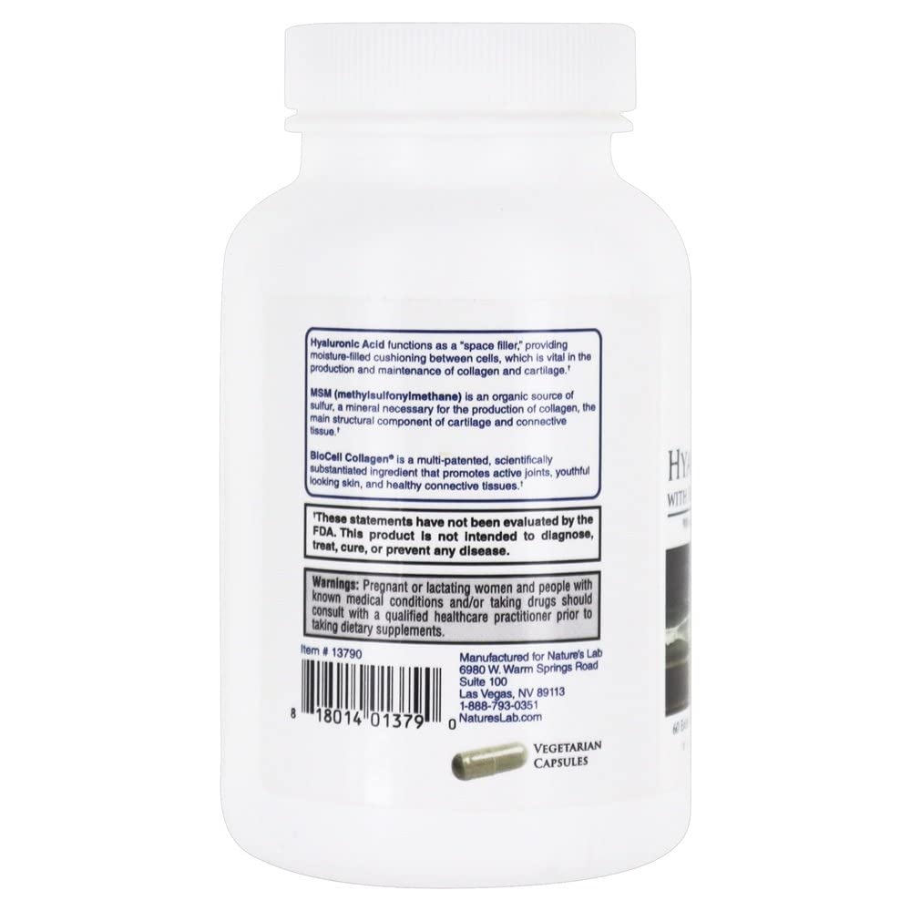 Nature's Lab Hyaluronic Acid with Biocell Collagen and MSM - Skin Hydration, Joint Health - 60 Capsules (20 Day Supply)