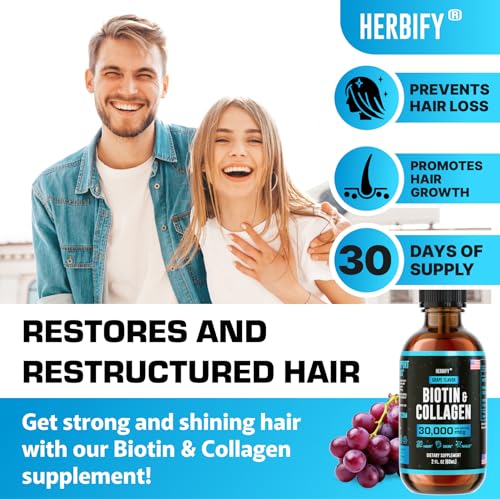 HERBIFY Collagen and Biotin Liquid Drops - Faster Absorption Joint Health Supplement for Hair Growth and Stronger Nails - Hair Skin and Nails Vitamins for Women and Men - B7 Supplement - Made in USA