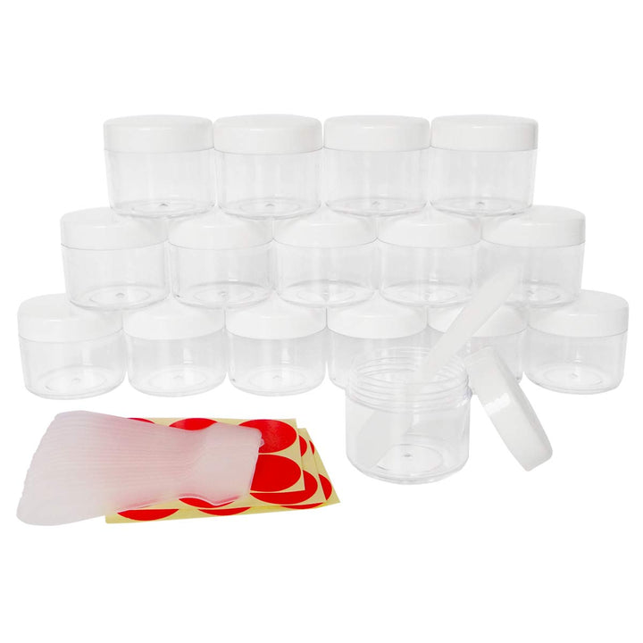 GreatforU 16pack 20g Empty Sample Jars, 20ml Small Plastic Refillable Cosmetic Container for Makeup Eyeshadow Jewelry Cream Slime Bath Lotions Oils, Clear Round Pot w/ WHITE Lid, Free Spatulas +Label