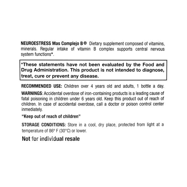 NEUROESTRESS Plus B Complex Dietary Supplement - Vitamin C, B1, B2, B3, B5, B6, B12, Potassium, Manganese, Iron, Magnesium, Zinc - Supports Central Nervous System - 1 Bottle Daily Dose