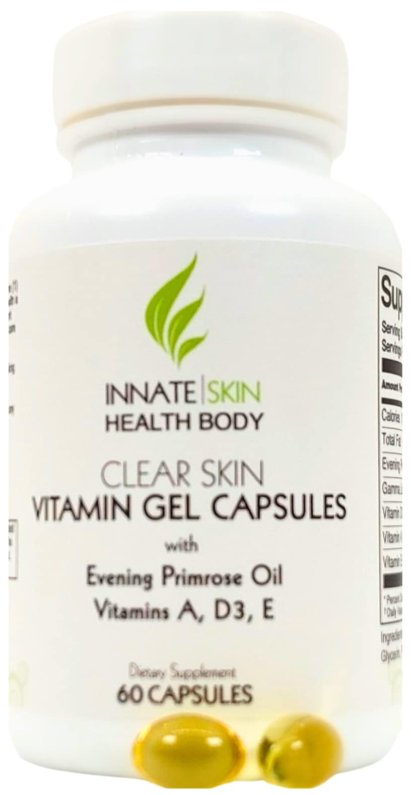 Clear Skin Acne Vitamin Gel Capsules with Evening Primrose Oil, Vitamin A, D (D3) and E 60 Caps All Natural Complex Skin Nutrition multivitamin Supplement by Innate Skin
