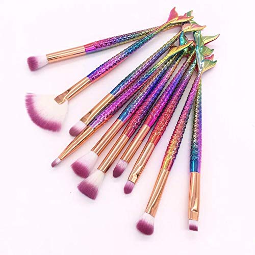 Makeup Brush Set 10 Pcs Fish Tail Eye Makeup Brushes, Eyeshadow Concealer Eyeliner Brow Blending Brush Tool(Multicolor Mermaid Handle)