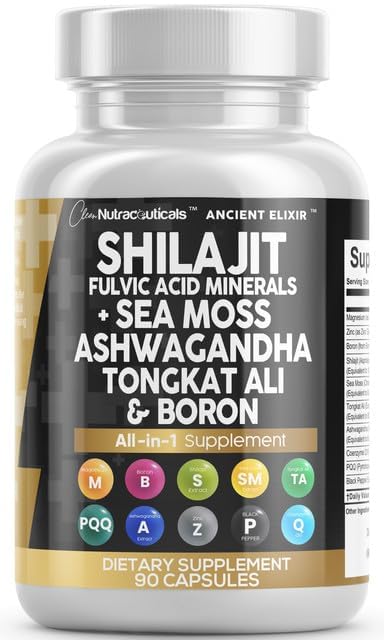 Clean Nutraceuticals Shilajit Supplement with Sea Moss, Ashwagandha, Tongkat Ali, Boron, Magnesium - Fulvic Acid Capsules for Men - 90 Count