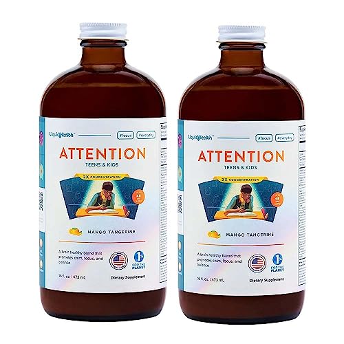 LIQUIDHEALTH Attention, Liquid Multivitamin for Kids & Teens - Improves Memory Retention, Concentration, Focus, Mood, Relaxation & Calming - Great Taste, Vegan, Sugar-Free (2 Pack)