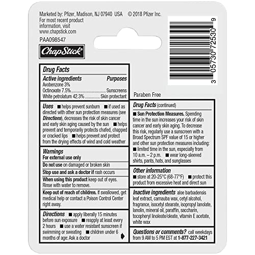 ChapStick Moisturizer Original Lip Balm Tubes, SPF 15 and Skin Protectant - 0.15 Oz (Pack of 3)