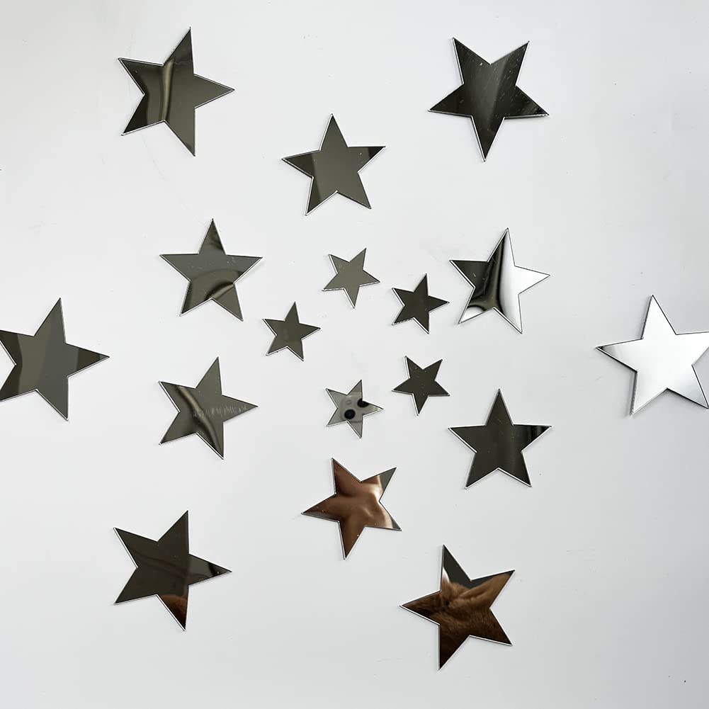 40Pcs Silver Stars Acrylic Mirror Wall Stickers with Adhesive Art Decal Satin Paper Baby Kids Bedroom Home DIY Decor Removable Stickers (Silver Stars)