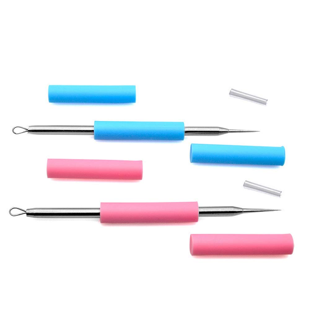 2pcs Stainless Steel Acne Removal Needle with Pink and Blue Silicon Tube Loop Blackhead Extractor Comedone Extractor Blackhead and Whitehead Remover Tools 2 in 1