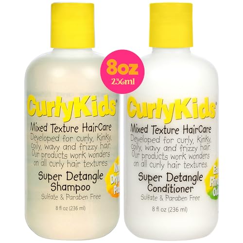 CurlyKids Super Detangle Kids Shampoo & Conditioner Set, Frizz-Free Care for Curly, Kinky, Wavy, and Frizzy Hair - Sulfate & Paraben-Free Hair Care