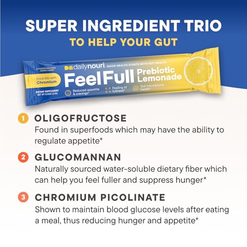 Daily Nouri FeelFull Prebiotic Lemonade Drink Mix with Chromium | for Natural Feeling of Fullness, Appetite & Cravings Support | Dietary Fiber for Gut Microbiome & Metabolic Health | 30 Stick Packs