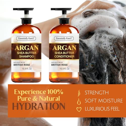Essentially KateS Argan Shea Butter Shampoo and Conditioner Infused with Rose Extract 16 Fl Oz Set, Pack of 2 - Long Lasting Moisturizing Effect - Curly and Wavy Hair