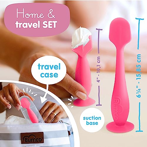 Bumco Baby Bum Brush + Mini Baby Diaper Cream Spatula with Case - BPA-Free Silicone Diaper Spatula with Suction Cup, Wipe-Clean, Mom-Invented Butt Paste Applicator (Pink & Pink)