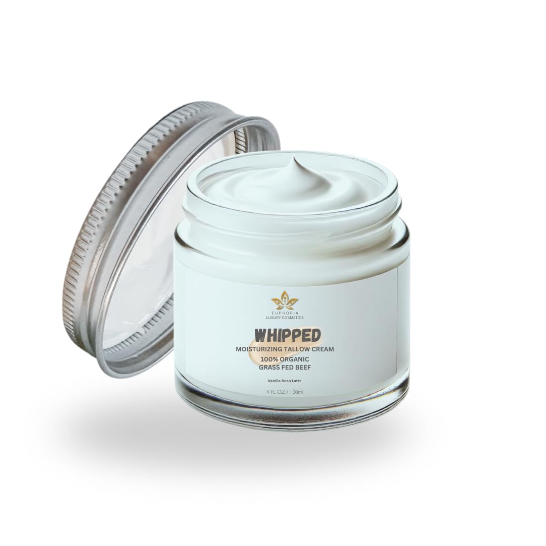 Euphoria Luxury Cosmetics Beef Tallow for Skin Care -100% Grass Fed- Whipped Moisturizer for Face and Body - 100% Natural Lotion for Sensitive Skin Vanilla Bean Latte - 4 FL. oz.