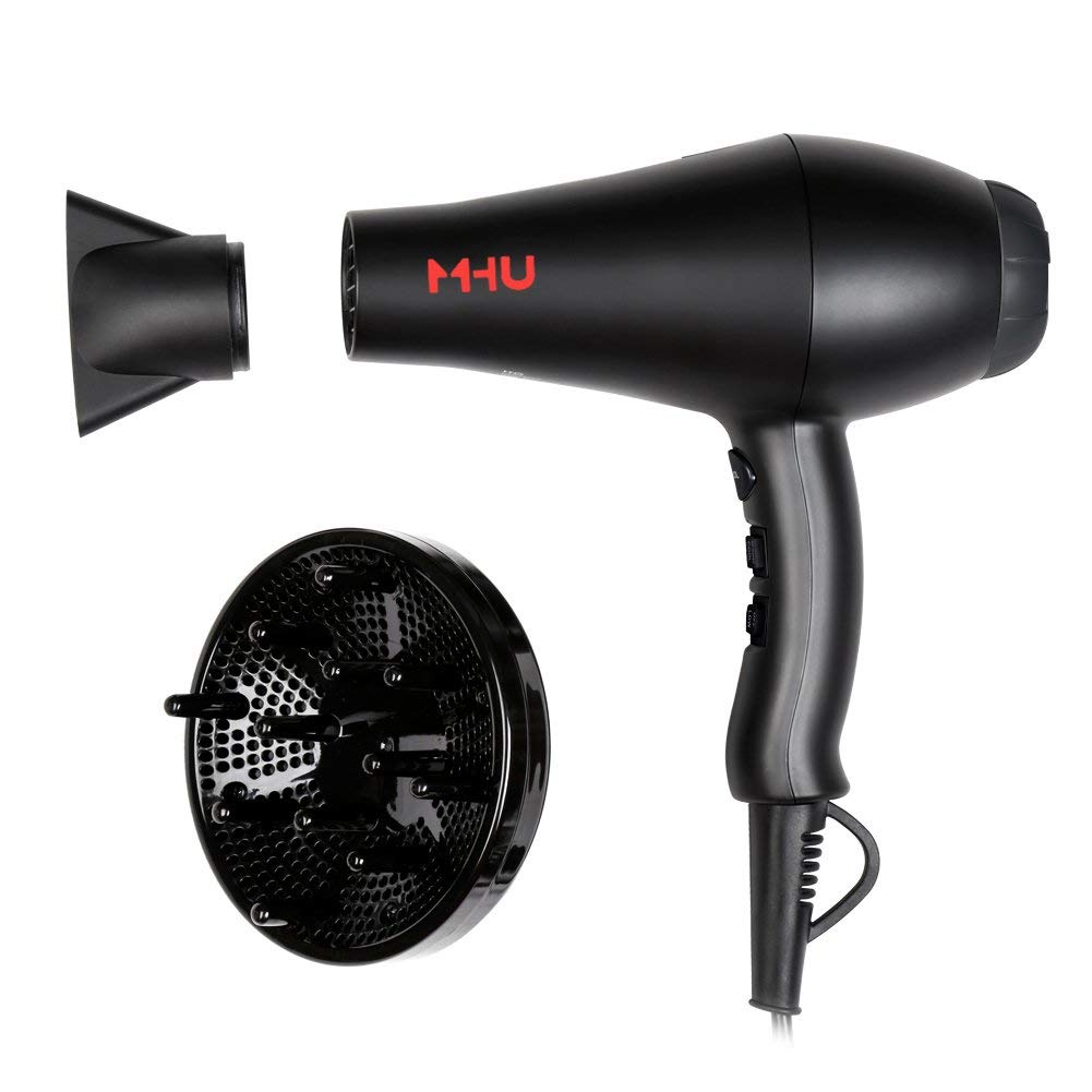 MHD Blow Dryer 1875W Professional Infrared Ionic Hair Dryer 2 Speed and 3 Heat Settings Fast Drying Plus One Concentrator And One Diffuser (Black)