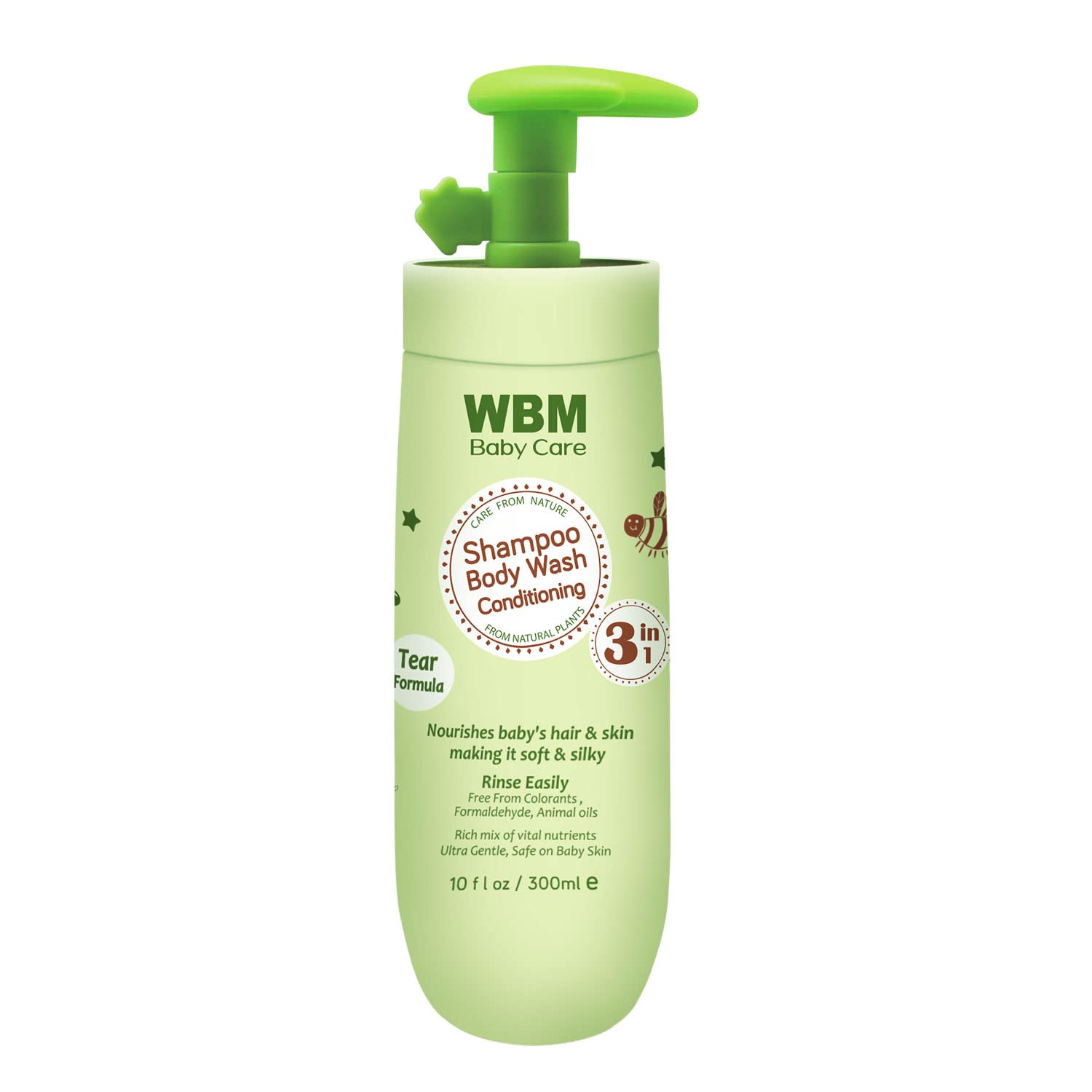 WBM Care 3-in-1 Baby Shampoo, enriched with honey, wheatgerm, and organic olive oil, nourishes baby hair with a gentle, tear-free formula for healthy care