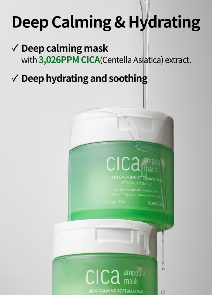 BEAUDIANI CICA ampoule mask 100ea, Skin Care pad, Korean Toner Pads, centella asiatica Toner pad, Hydrating, Facial Essentials, Quick Calming, Reduce hot Flush, Nutrition for Irritated Skin