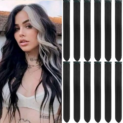 Olldag 12 PCS Black Hair Extensions Clip in, 22 Inch Colored Hair Extensions Party Highlights Long Straight Synthetic Hairpieces for Women Kids Girls
