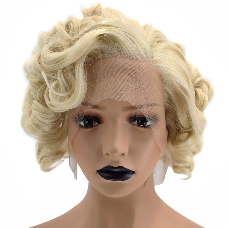Anogol Hair Cap+Short Curly Synthetic Blonde Lace Front Wig Hair Replacement Wigs For Women Daily Hairstyles