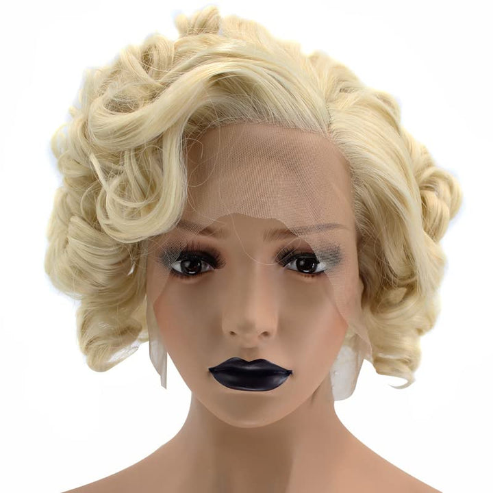 Anogol Hair Cap+Short Curly Synthetic Blonde Lace Front Wig Hair Replacement Wigs For Women Daily Hairstyles
