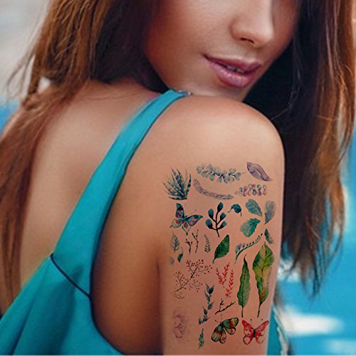 Leoars 6 Sheets Large Waterproof Temporary Tattoo Sticker Leaves Flowers Peacock Pattern Tattoo Water Transfer Body Art Fake Tattoo for Women Men Teens