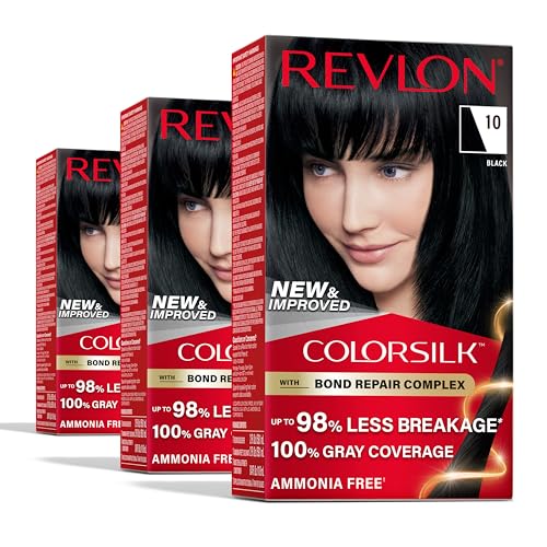 Revlon ColorSilk with Bond Repair Complex, Black Permanent Hair Color, 100% Gray Coverage, Ammonia Free Hair Dye, Vegan Keratin, 10 Black (Pack of 3)