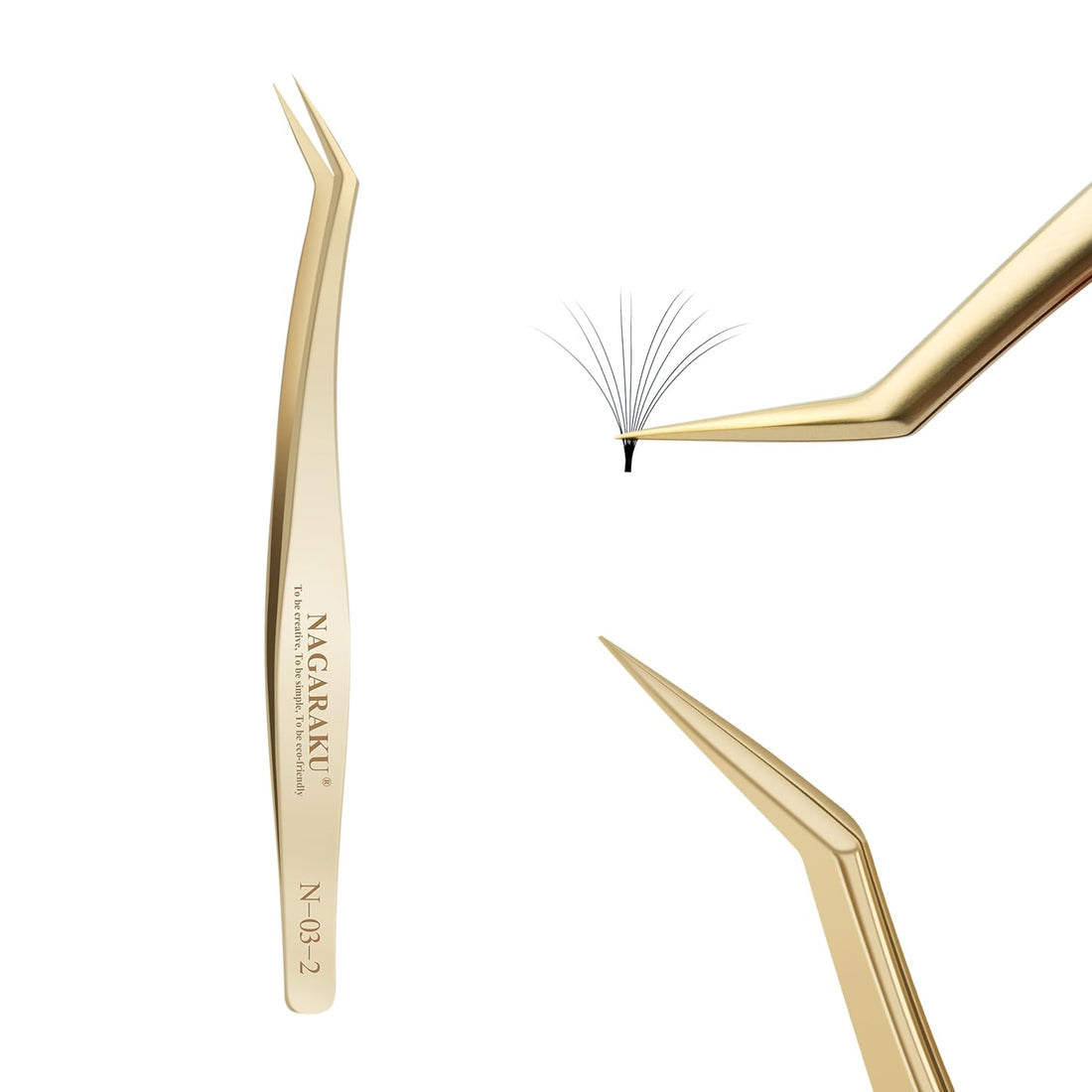 NAGARAKU Tweezers for Eyelash Extensions Gold Curved Angled Long tip Volume Cluster Super Light Weight Easy Fanning Tweezers Stainless Steel Precision (N-03-2)