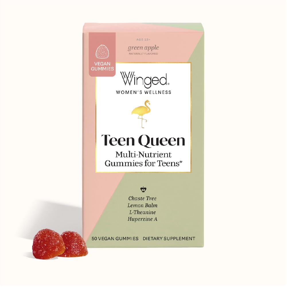 Winged Wellness Teen Queen Multivitamins for Teen Girls - Helps with Mood and Hormonal Health - for Ages 13+, Vegan & Gluten Free - Green Apple, 25 Servings