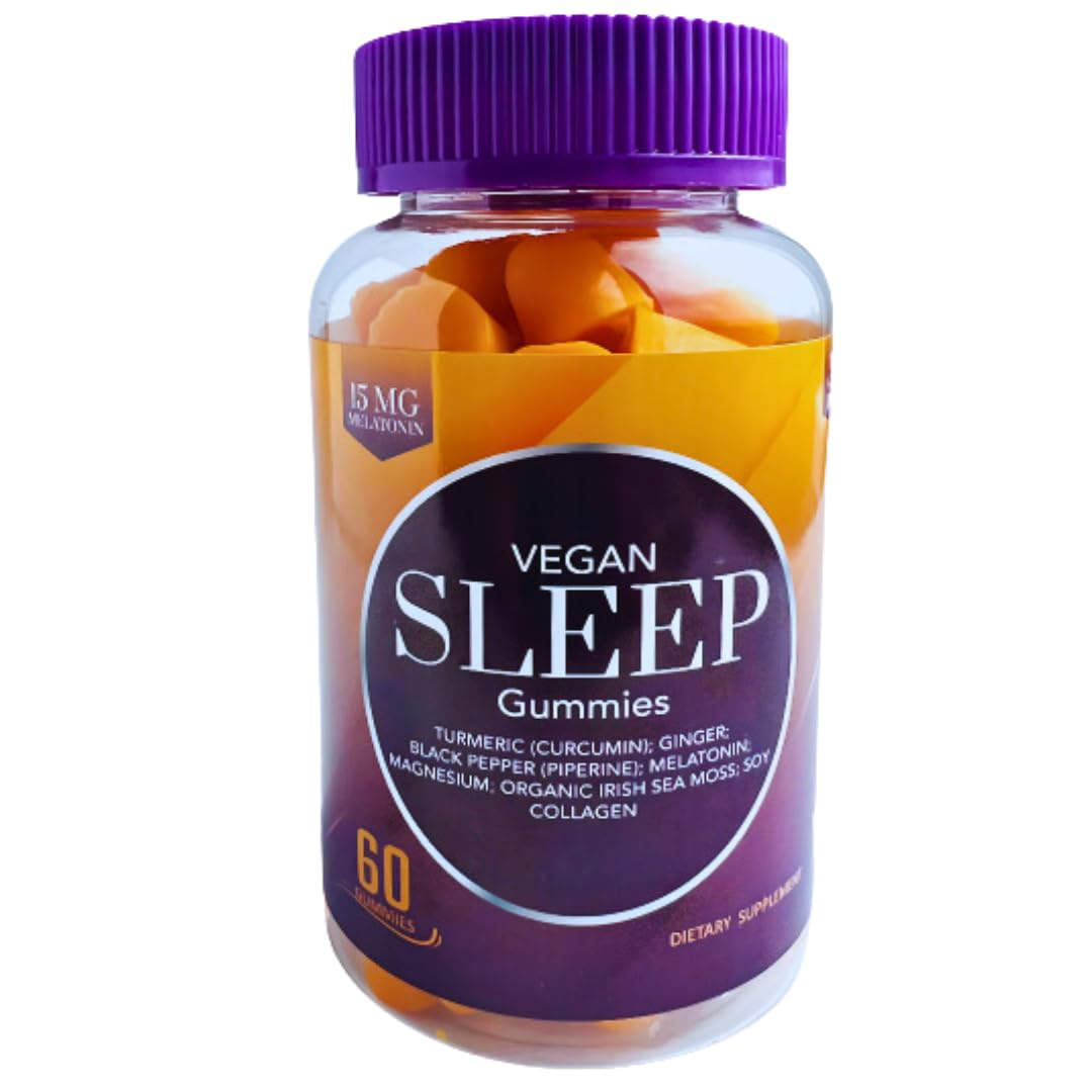 Skegee Vegan Sleep Gummies, Magnesium with Melatonin 15mg, Sea Moss, Collagen, Turmeric & Ginger, Non Habit Forming, Non-GMO, Gluten-Free, Mixed Berry Flavor, 60 Count