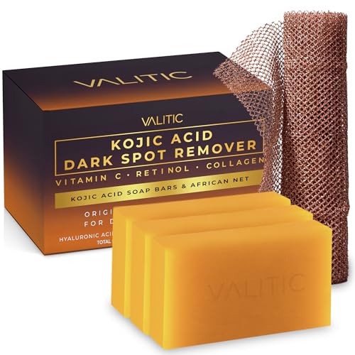VALITIC Kojic Acid Dark Spot Remover Soap with Turmeric, Vitamin C, Retinol - Original Japanese Complex -Hyaluronic Acid, Vitamin E, Shea Butter, Castile Olive Oil - 3 Pack Bundle with African Net