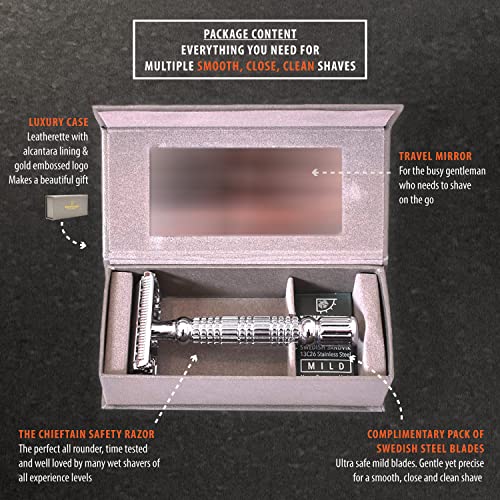 VIKINGS BLADE Double Edge Safety Razor for Men + 5 Swedish Steel Blades + Luxury Case. Smooth, Reusable, Eco-Friendly (The Chieftain)