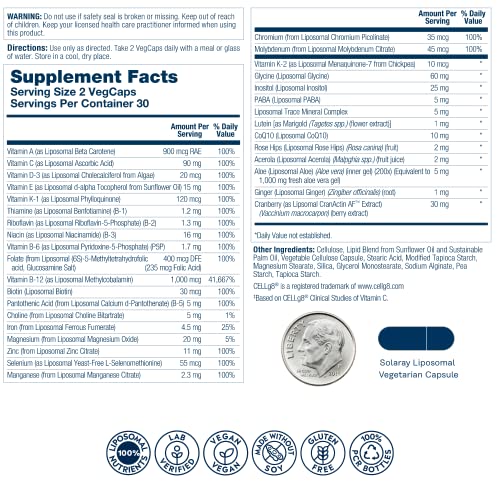 SOLARAY Liposomal Multivitamin for Women 50 Plus, Enhanced Absorption with Iron, Vitamin D, Vitamin C, B12, Biotin & More, Immune Support & Bone Health, Vegan, 30 Servings, 60 VegCaps