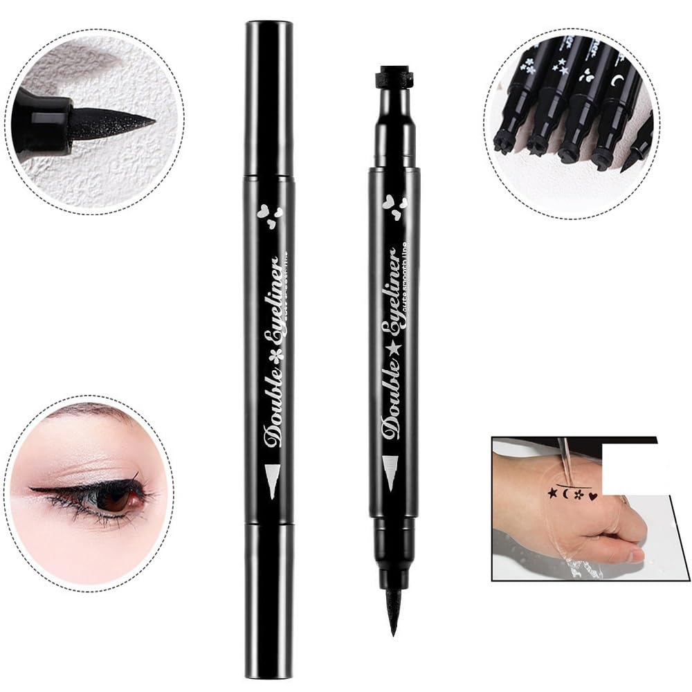 Pinkiou 2 in 1 Double-headed Liquid Eyeliner Pen Stamp Super Slim Gel Felt Tip High Pigment Black Waterproof Smudgeproof Long Lasting Makeup Tool(Heart)