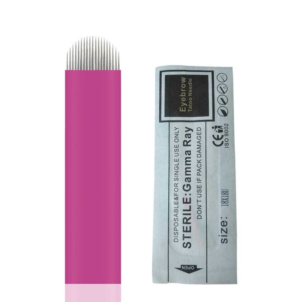 Guapa 0.18mm Microblading Needles U Shape 18 Pink Tattoo Needles Blade Permanent Makeup Manual Needles for Eyebrow Eyeliner Lip Beauty