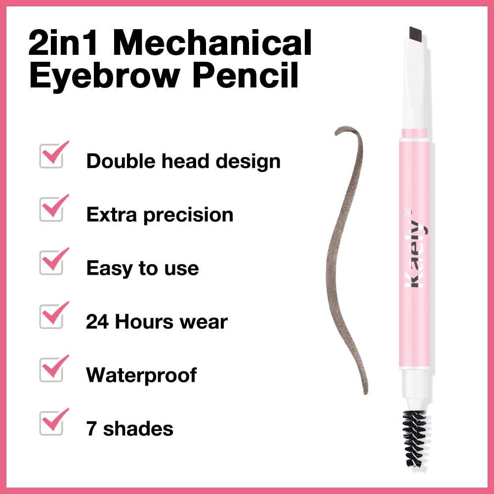 Kaely 2in1 Waterproof Eyebrow Pencil, Longwearing Eye Brow Pencils for Women Makeup, Mechanical Eyebrow Pen with Spoolie Brush, lapiz de cejas a prueba de agua, 05 Medium Brown
