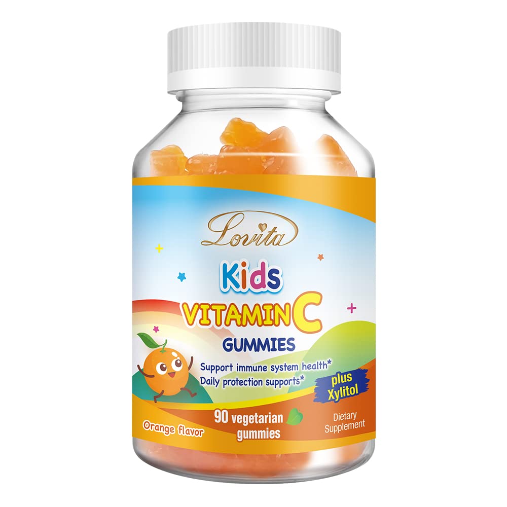 Lovita Vegan Vitamin C Gummies for Kids, Great Tasting Plant-Based Formula, Immune Function Support with Vitamin C 150mg per Daily Servings & Xylitol, Natural Orange Flavored, 90 Gummies