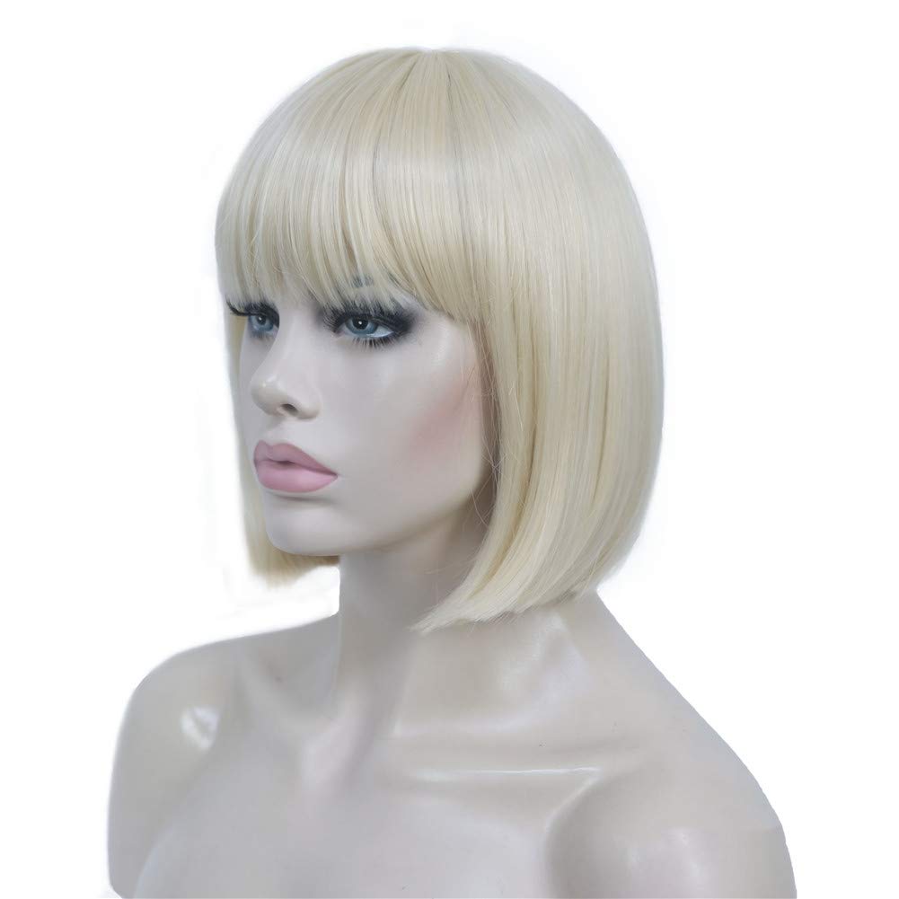 Aimole Short Straight Bob Wig Cute Flat Bangs Synthetic Full Women Wigs(613-Pale Blonde)