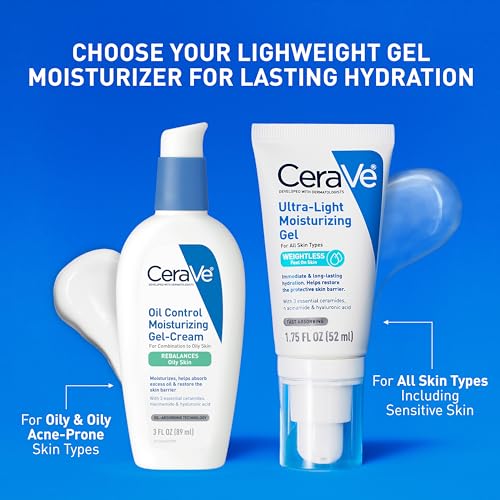 CeraVe Ultra-Light Moisturizing Gel, Hydrating Gel Face Moisturizer with Ceramides, Niacinamide, Hyaluronic Acid, Fragrance Free, Oil-Free, Weightless Mattifying Moisturizer, 1.75 FL Oz
