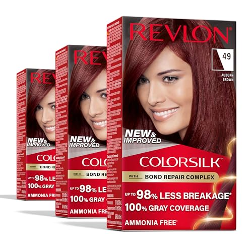 Revlon ColorSilk with Bond Repair Complex, Auburn Permanent Hair Color, 100% Gray Coverage, Ammonia Free Hair Dye, Vegan Keratin, 49 Auburn Brown (Pack of 3)