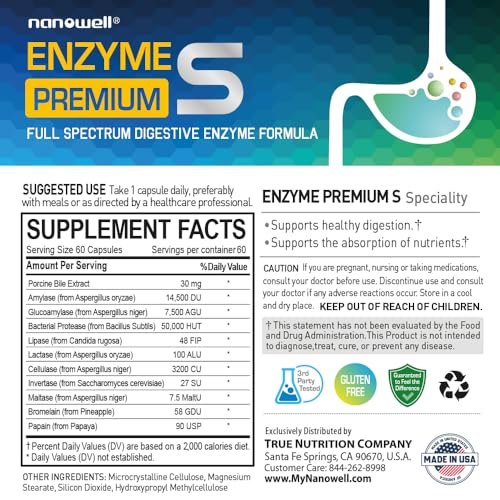 NANOWELL Enzyme Premium S - Digestive Health Multi-Enzyme Supplement with 10 Enzymes, Including Bromelain and Papain - 60 Capsules, 60-Day Supply