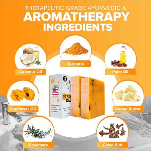 Organic Turmeric Soap for Dark Spots & Acne with Clove Bud (2 Packs) – Face & Body Bar – Rich, Creamy Lather for Natural Skin Glow Aromatherapy