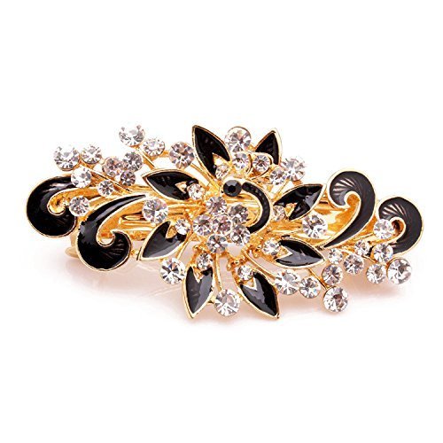 So Beauty Women's Multilayered Peacock Shaped Rhinestone French Barrette Hair Clip Black